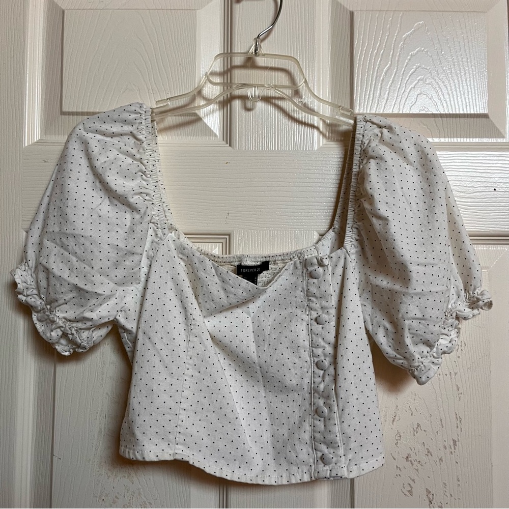 Polka Dot Square Neck Puff Sleeve Crop Top